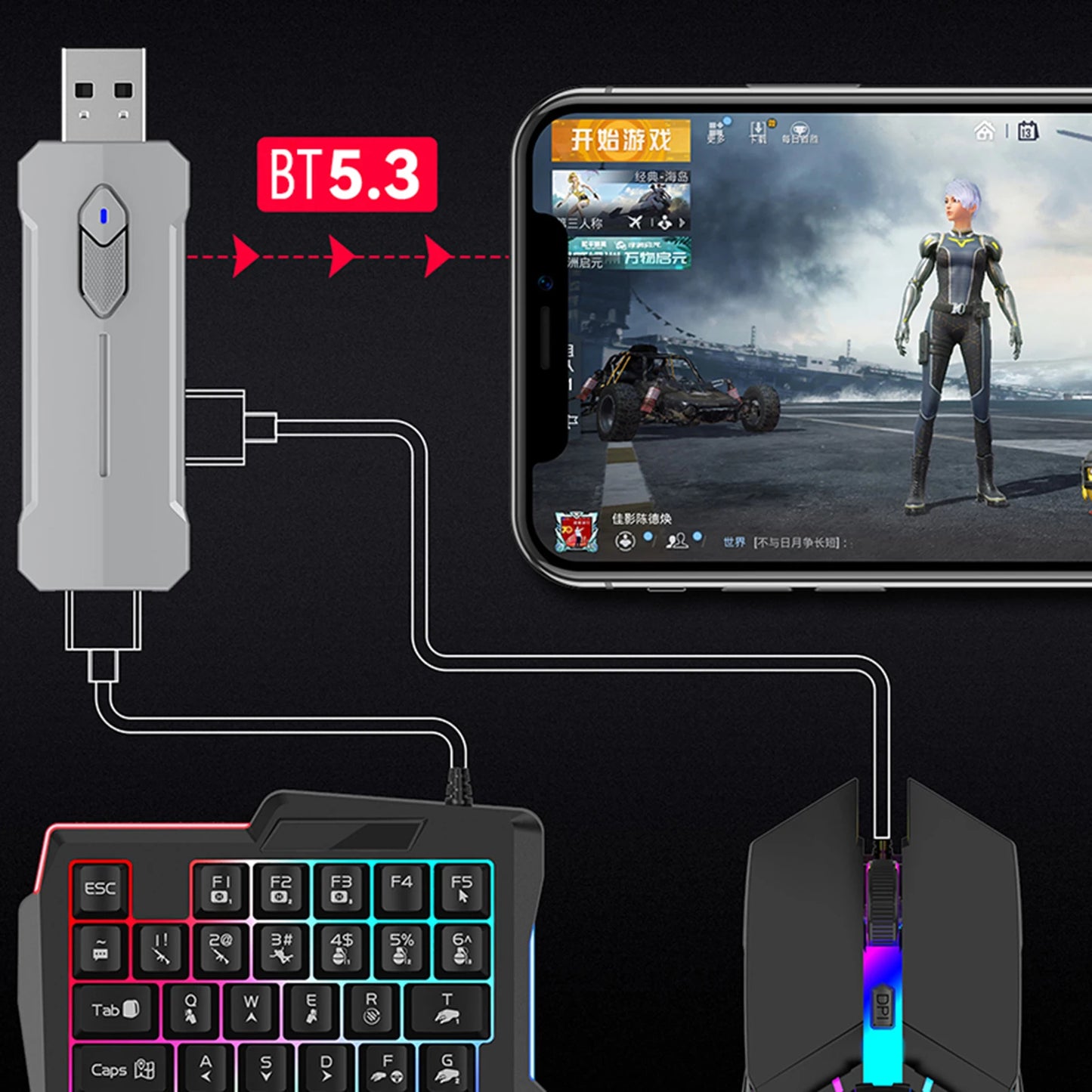 5-in-1 Mobile Gaming Set – RGB Wired Keyboard, Mouse & Converter for PUBG