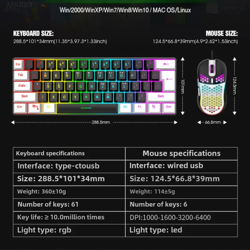 60% RGB Gaming Keyboard and Mouse Combo – Mini 61 Keys Wired PC Gamer Set