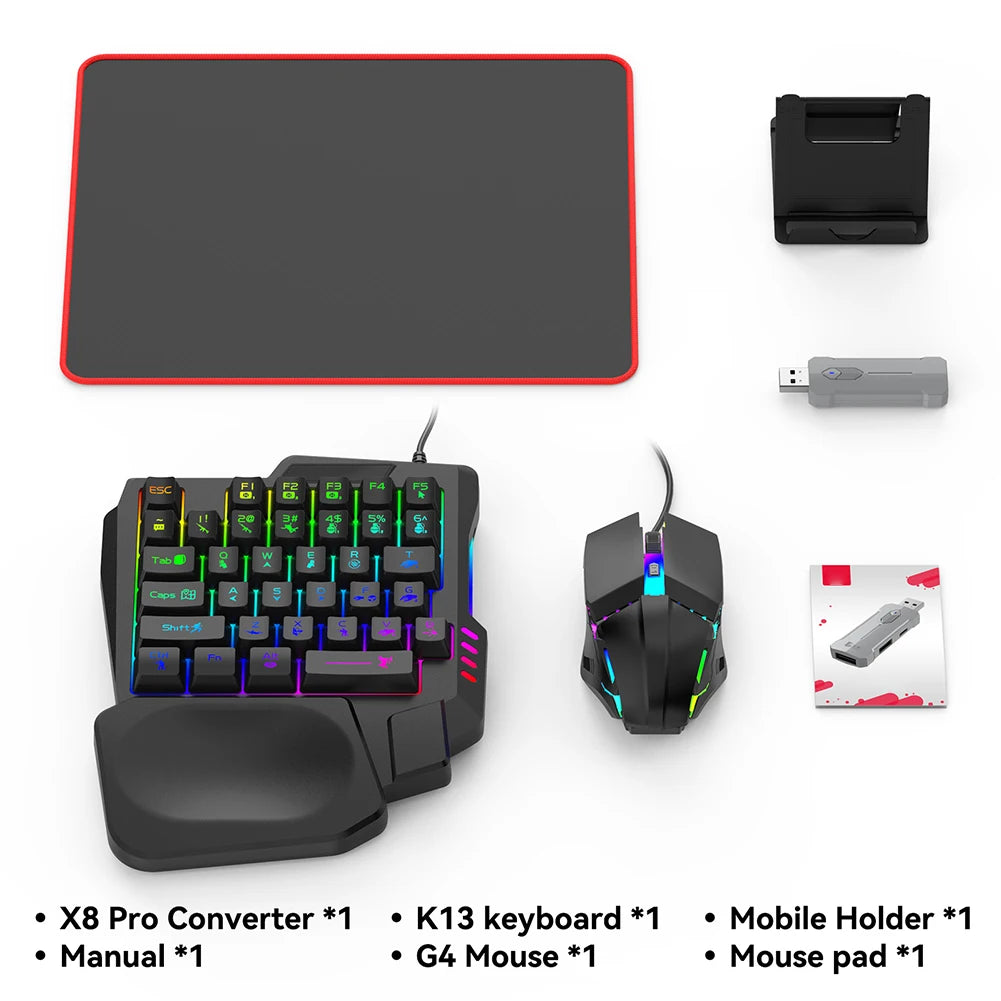 5-in-1 Mobile Gaming Set – RGB Wired Keyboard, Mouse & Converter for PUBG