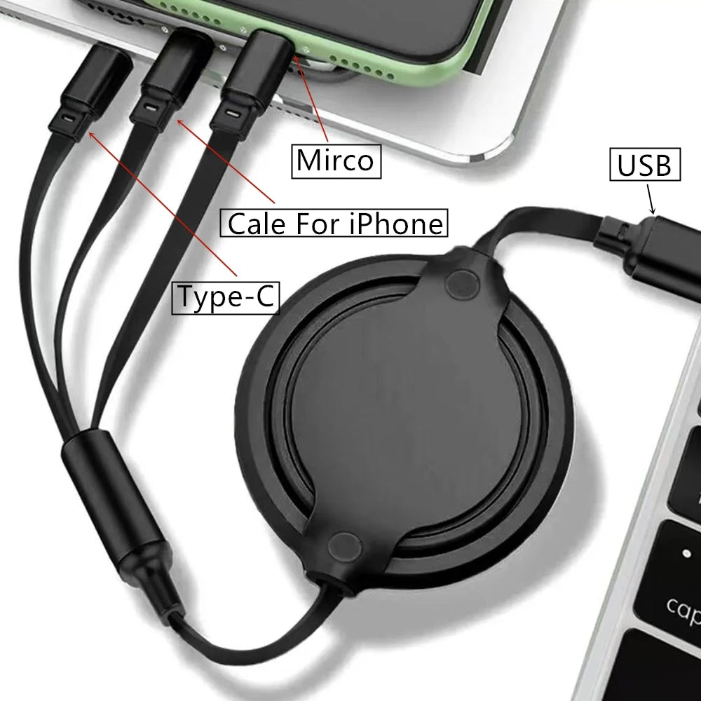 3-in-1 Retractable Fast USB Cable – Type-C, Micro USB & iPhone Charger for Huawei, Samsung & More