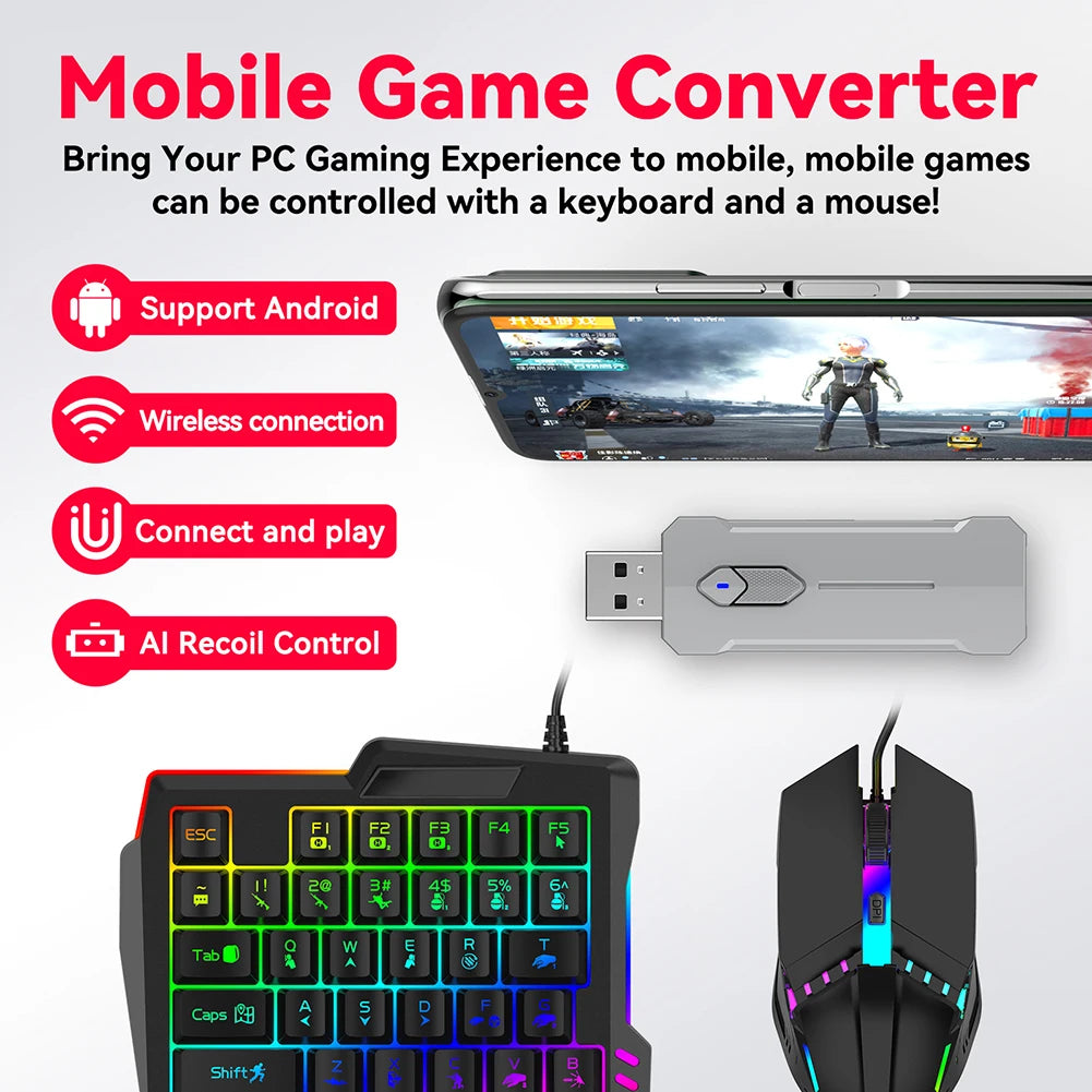 5-in-1 Mobile Gaming Set – RGB Wired Keyboard, Mouse & Converter for PUBG