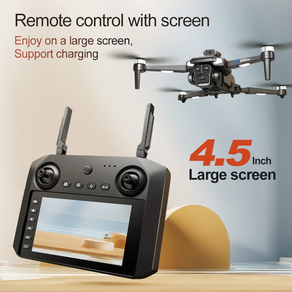Drone 4K HD Brushless Motor with Dual Cameras & 4.5" Screen Remote – Obstacle Avoidance Quadcopter for Kids & Adults